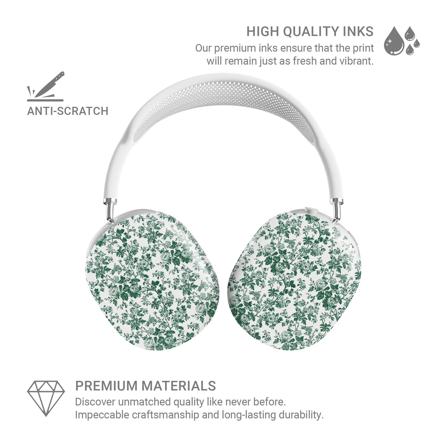 Emerald Enchantment AirPods Max Case – bold green vintage floral design with glossy finish, slim scratch-resistant protective cover for Apple AirPods Max headphones.