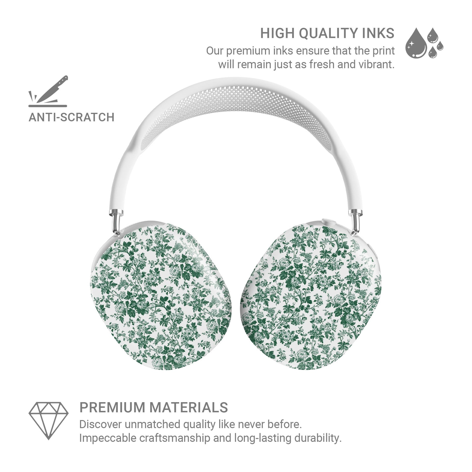 Emerald Enchantment AirPods Max Case – bold green vintage floral design with glossy finish, slim scratch-resistant protective cover for Apple AirPods Max headphones.