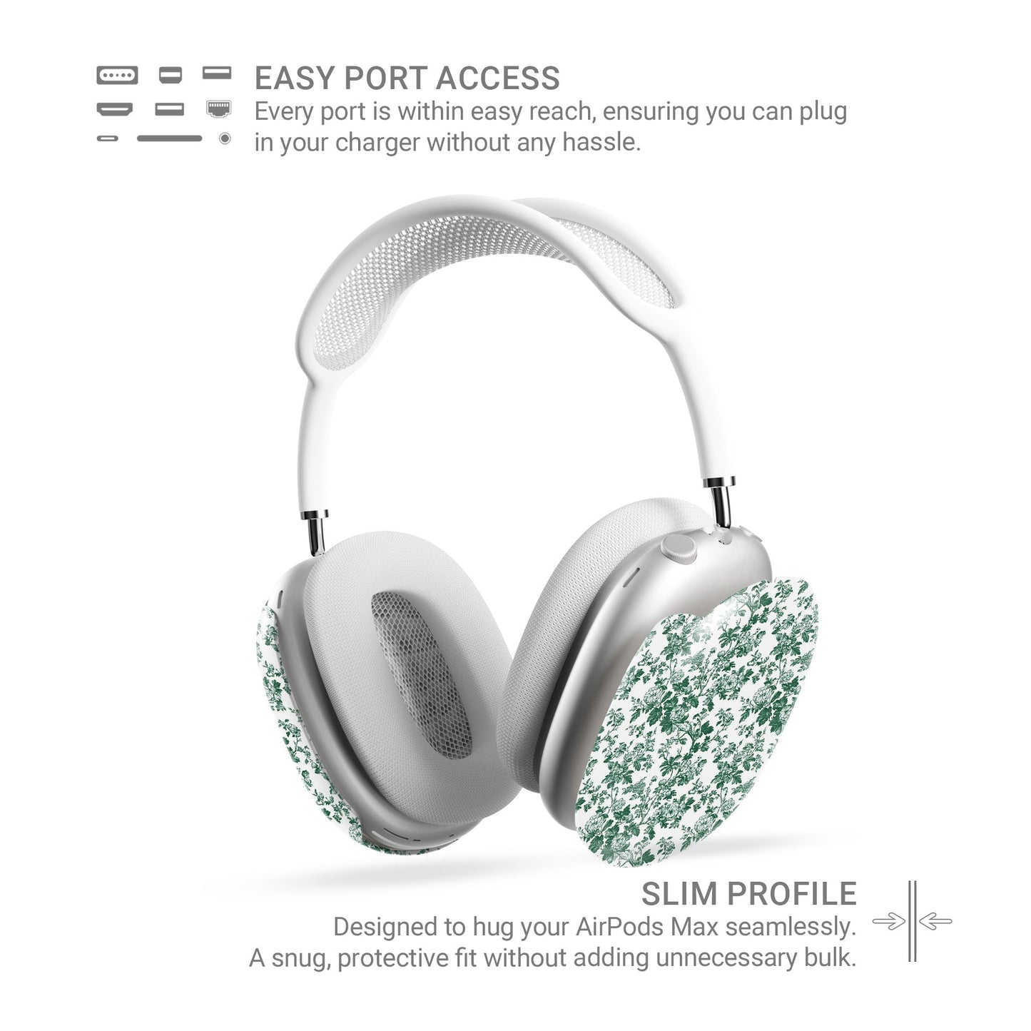 Emerald Enchantment AirPods Max Case – bold green vintage floral design with glossy finish, slim scratch-resistant protective cover for Apple AirPods Max headphones.