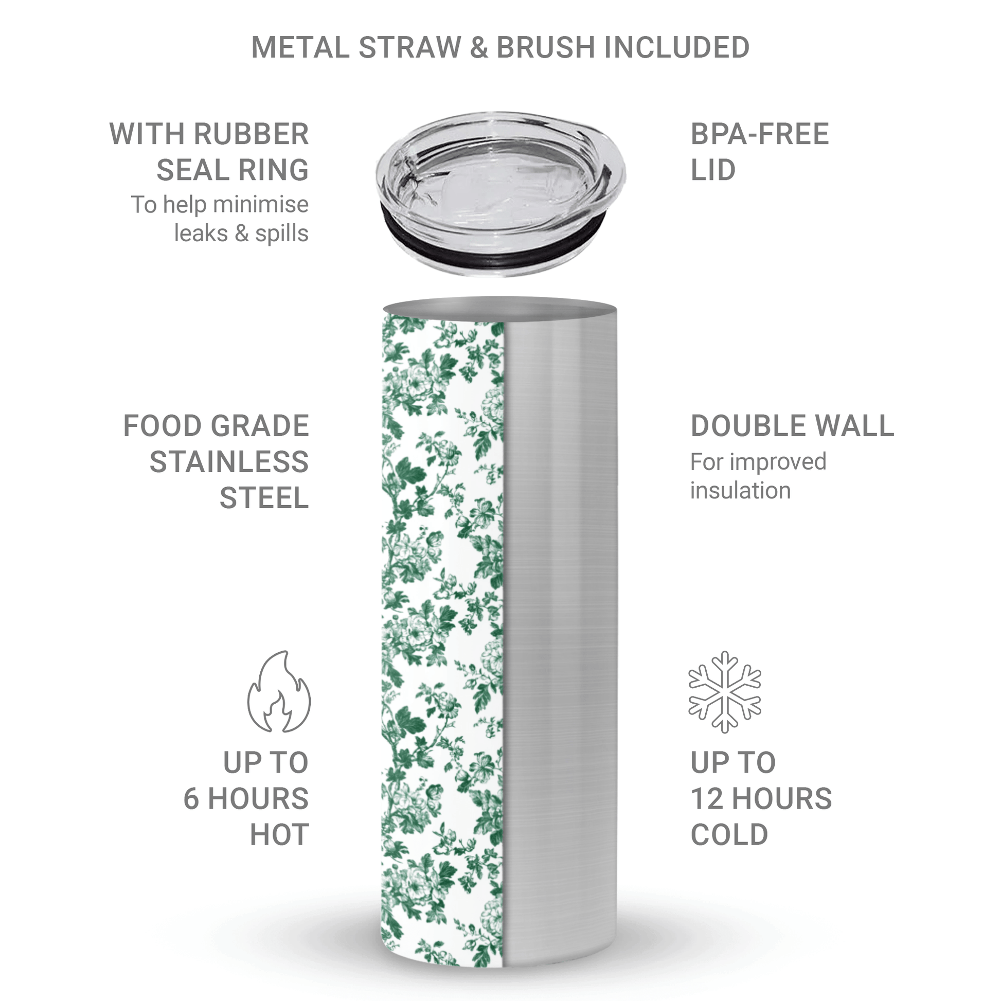 Double wall stainless steel tumbler with straw in vintage botanical design