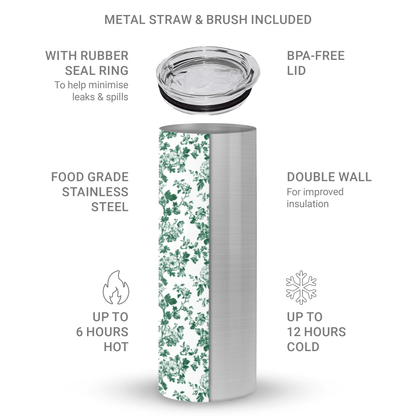 Double wall stainless steel tumbler with straw in vintage botanical design