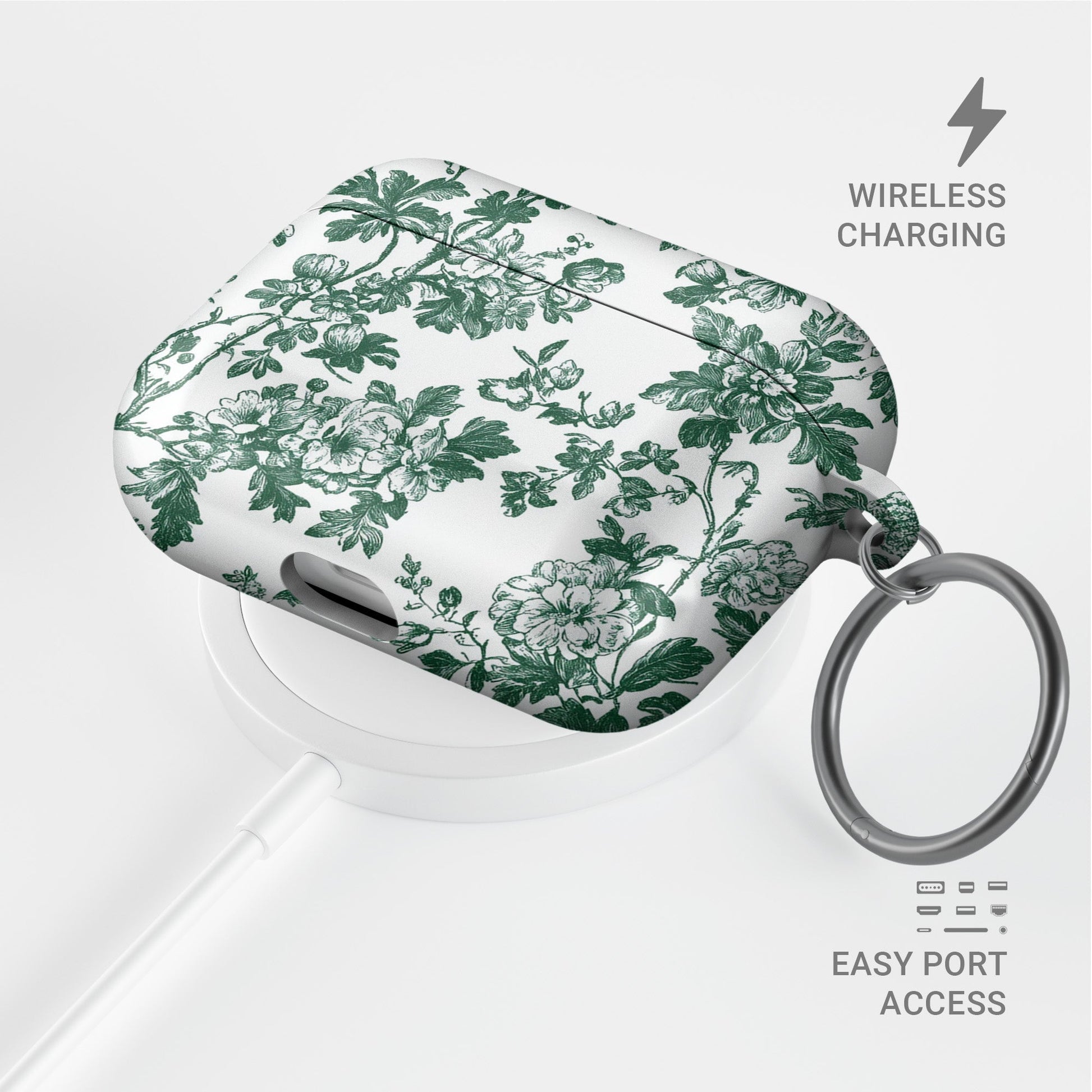 Emerald Enchantment AirPods Case – vintage green floral design with glossy finish, slim scratch-resistant cover for Apple AirPods Pro, Pro 2, AirPods 3, and AirPods 2.