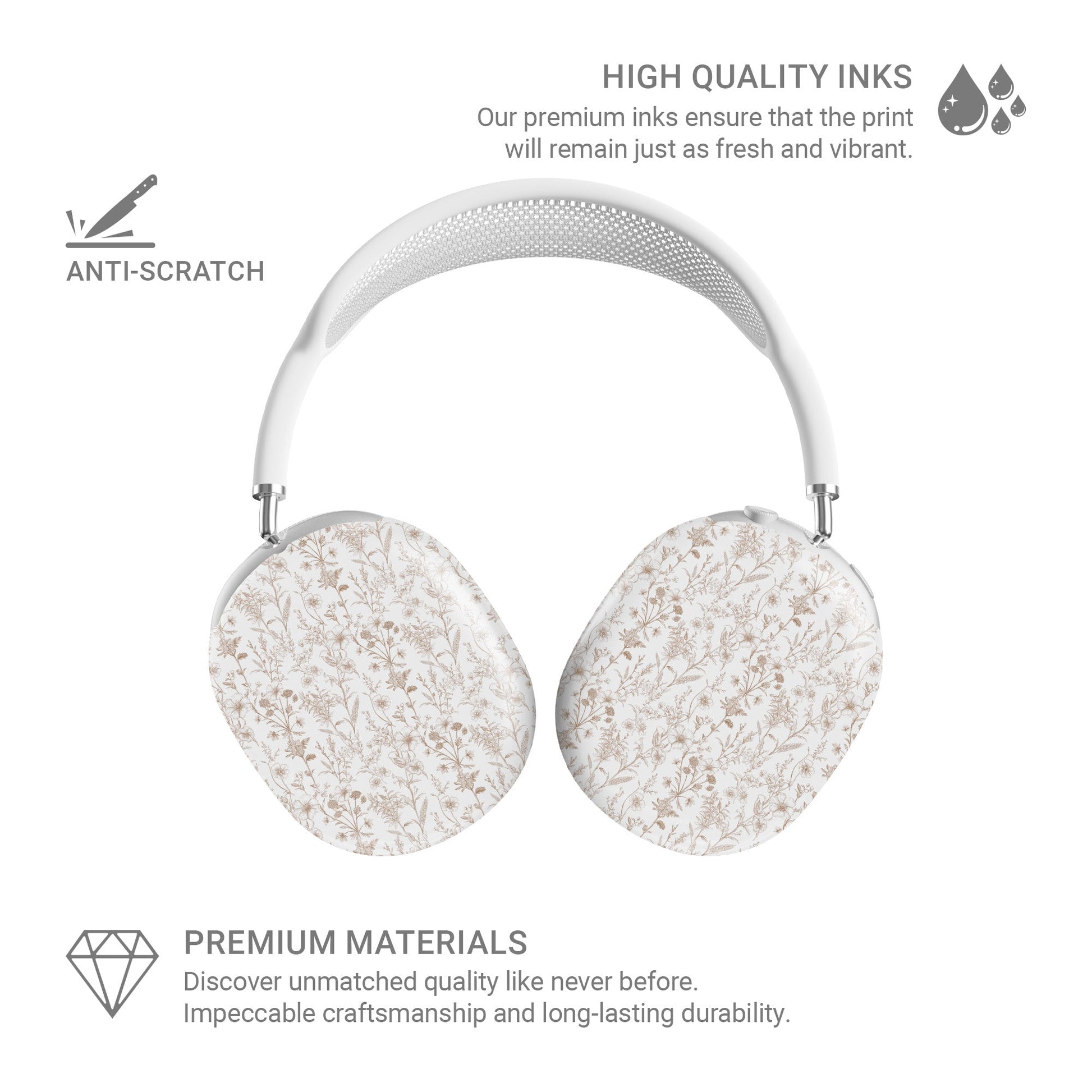 Faded Meadow AirPods Max Case – vintage beige floral pattern with glossy finish, slim scratch-resistant protective cover for Apple AirPods Max headphones.