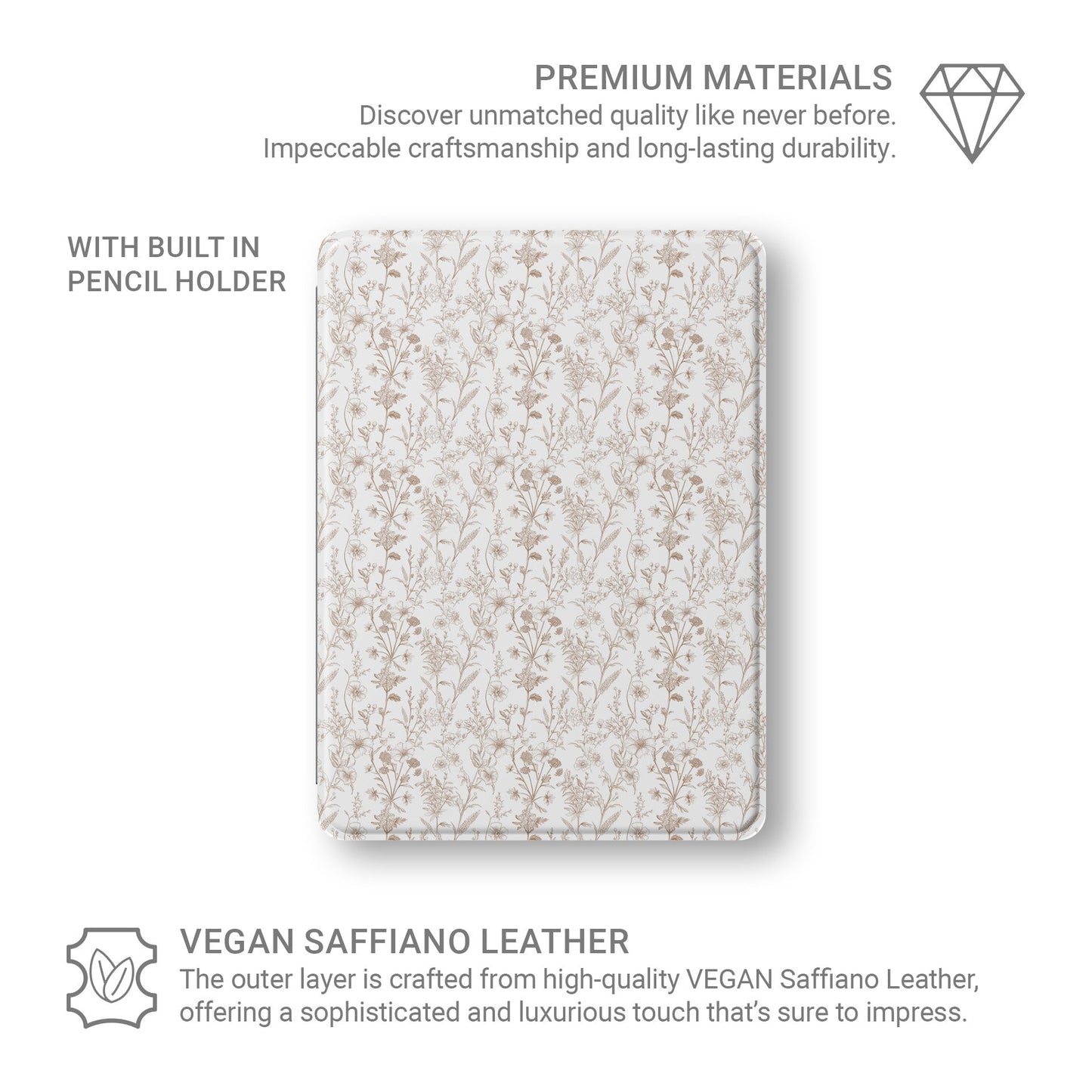 Slim iPad Pro case with Apple Pencil slot and vintage floral design