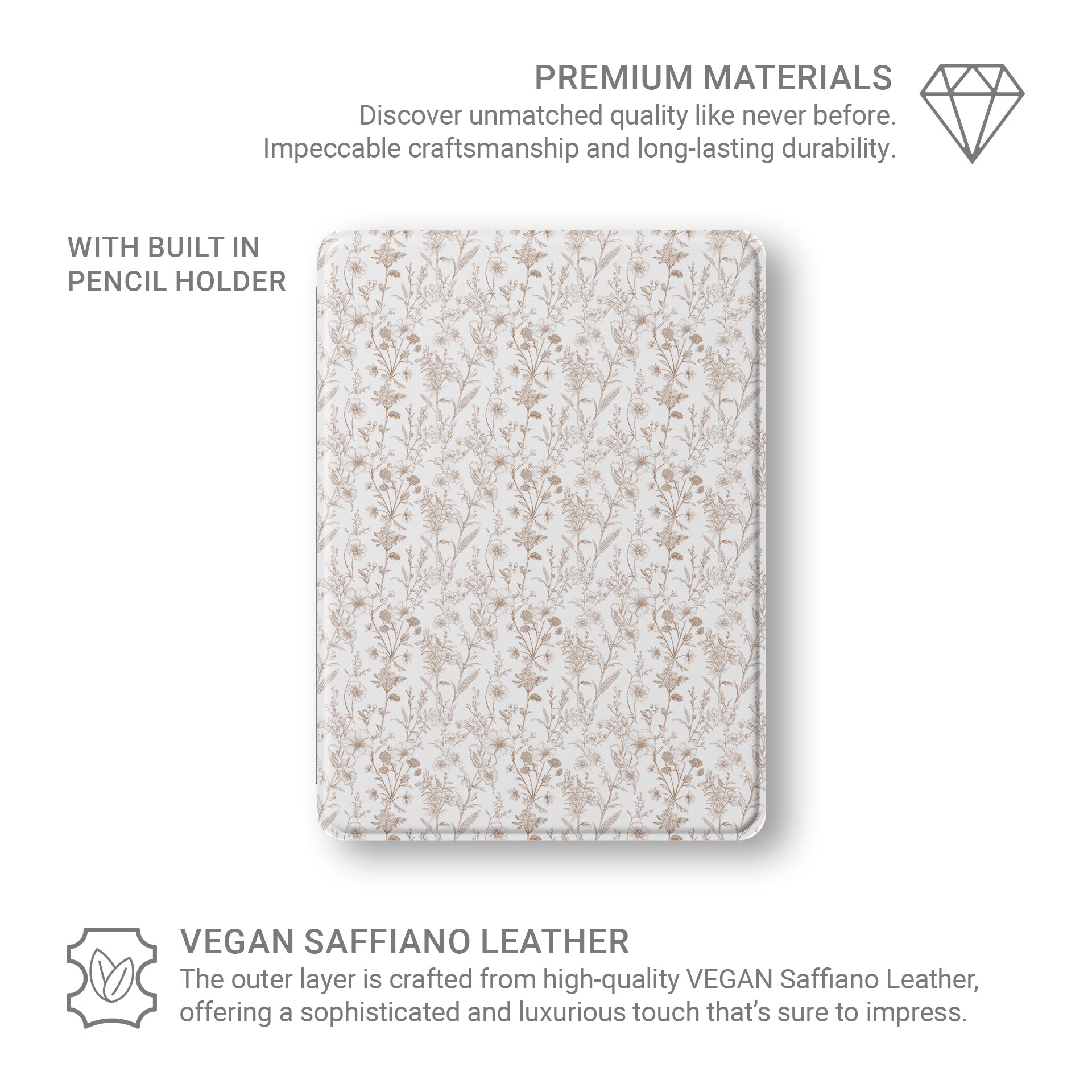 Slim iPad Pro case with Apple Pencil slot and vintage floral design