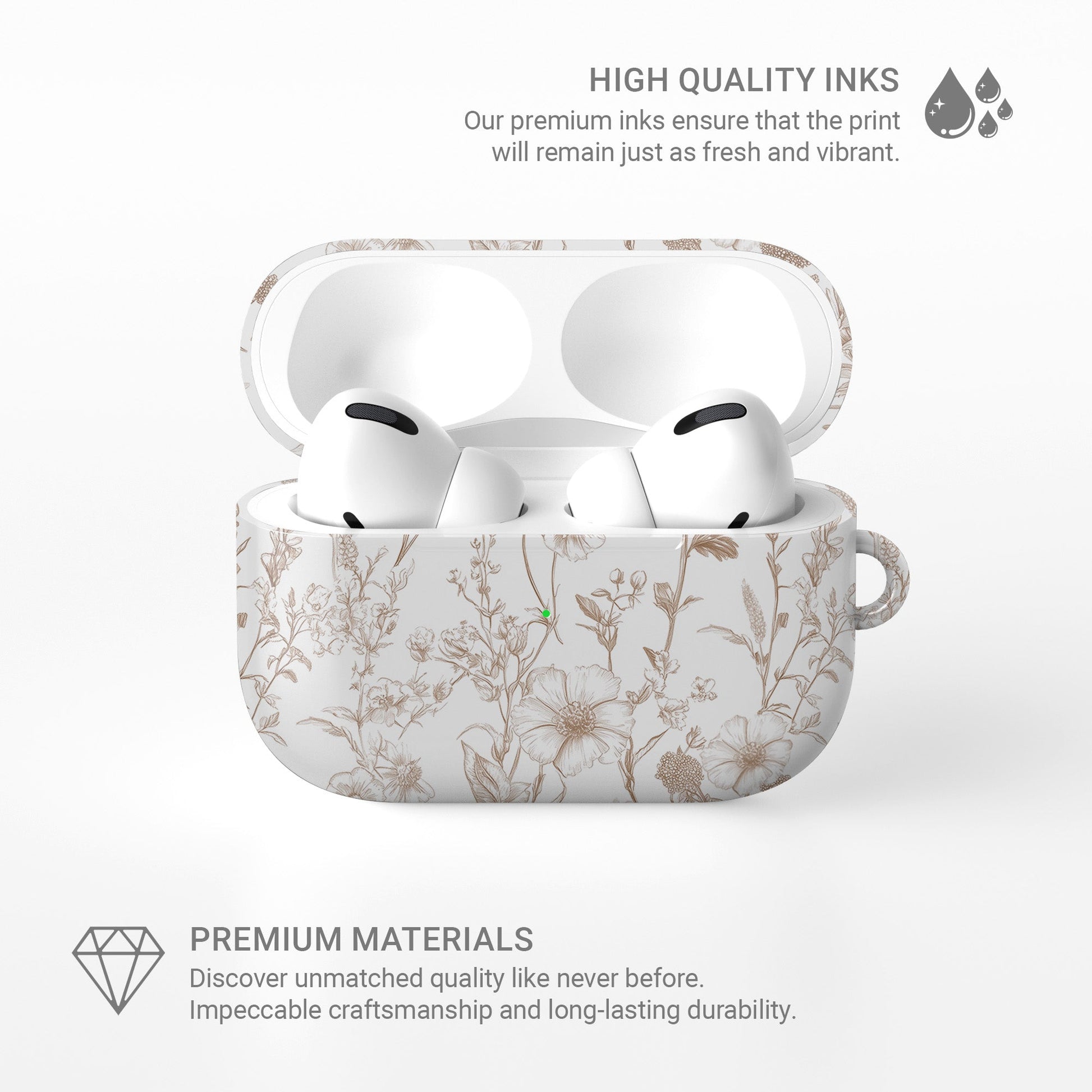 Faded Meadow AirPods Case – vintage beige floral design with glossy finish, slim scratch-resistant cover for Apple AirPods Pro, Pro 2, AirPods 3, and AirPods 2.