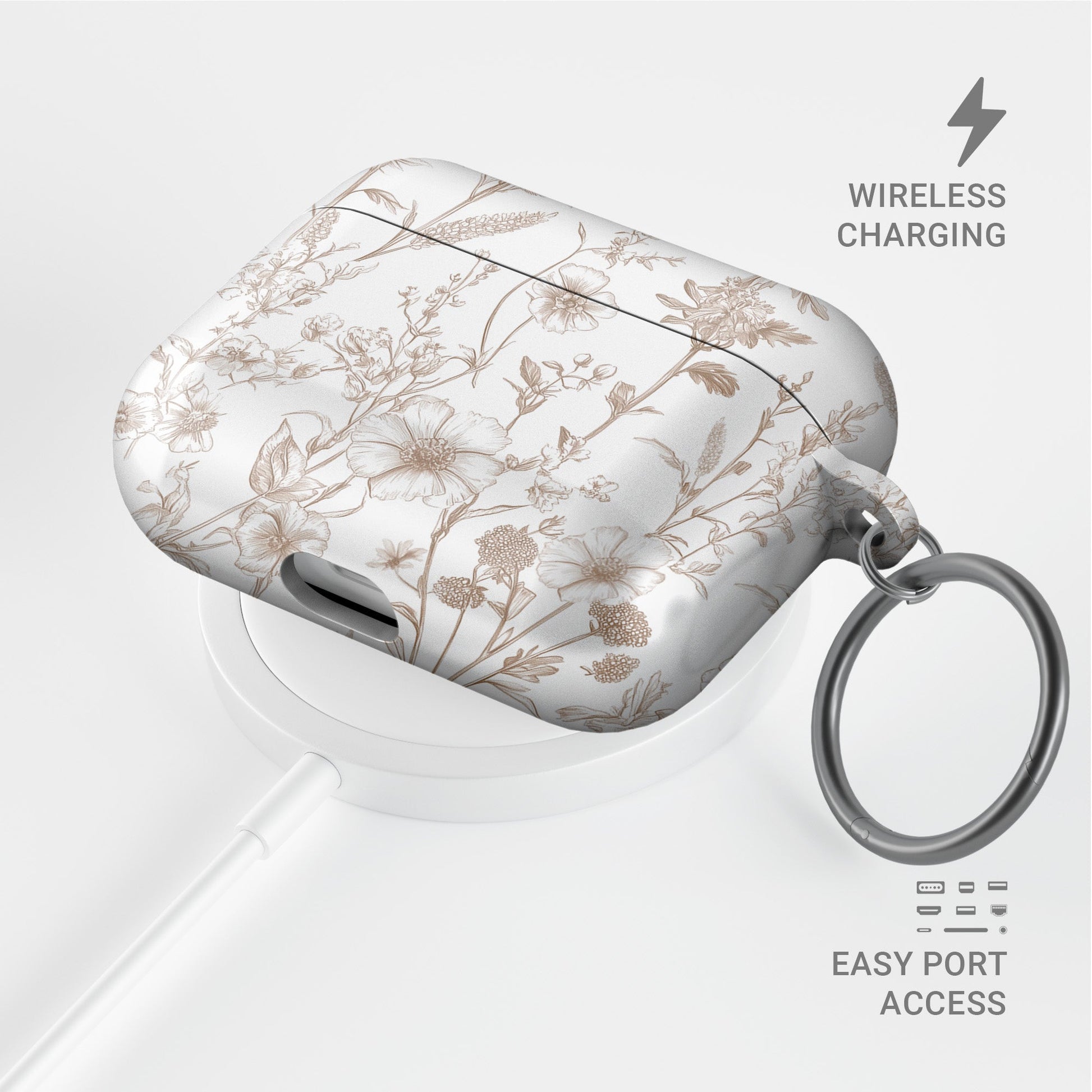 Faded Meadow AirPods Case – vintage beige floral design with glossy finish, slim scratch-resistant cover for Apple AirPods Pro, Pro 2, AirPods 3, and AirPods 2.
