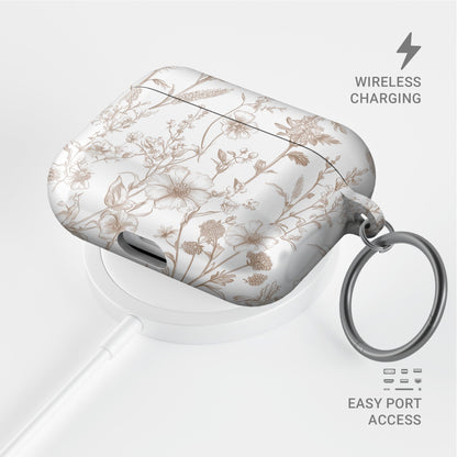 Faded Meadow AirPods Case – vintage beige floral design with glossy finish, slim scratch-resistant cover for Apple AirPods Pro, Pro 2, AirPods 3, and AirPods 2.