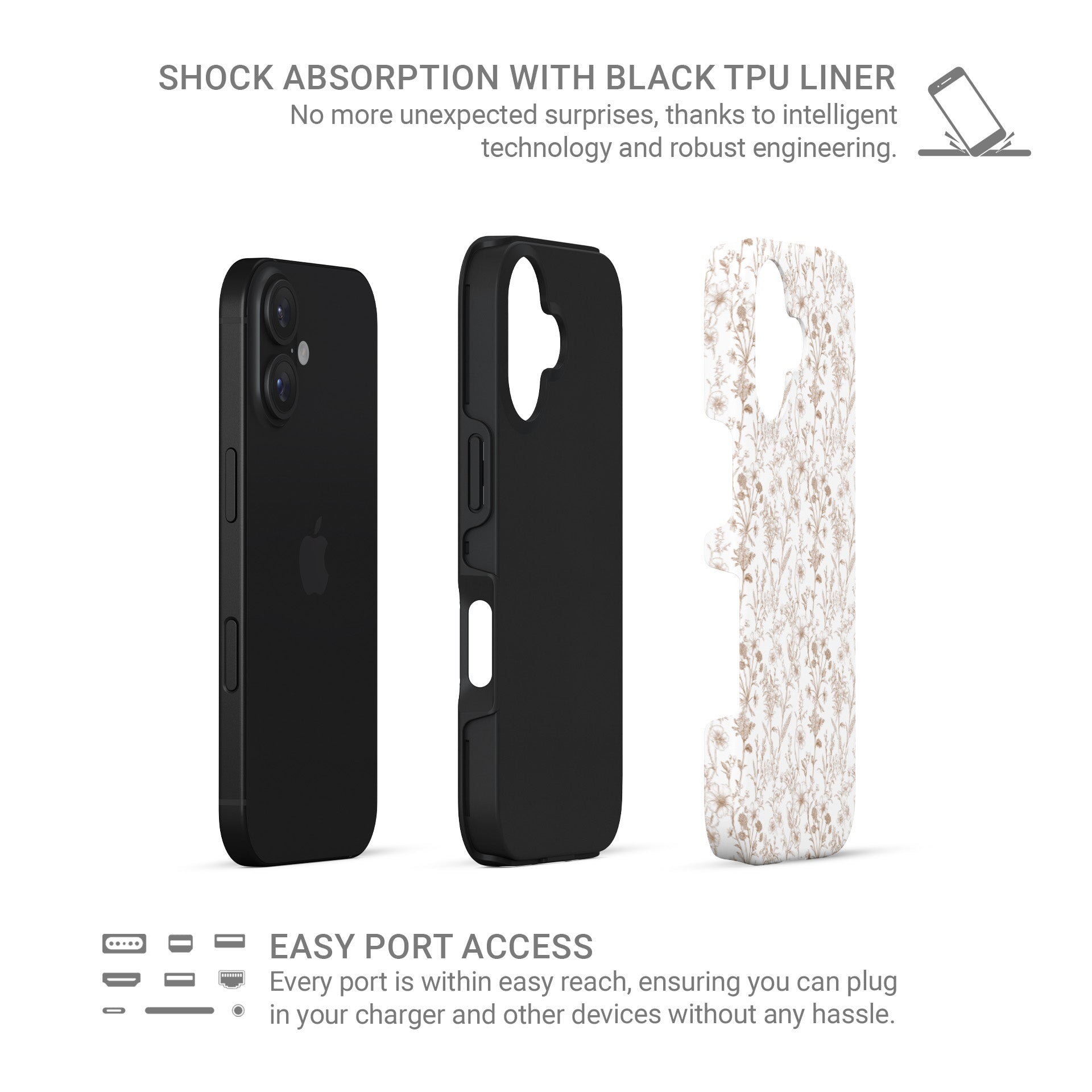 Tough Phone Case – dual-layer beige floral design for iPhone