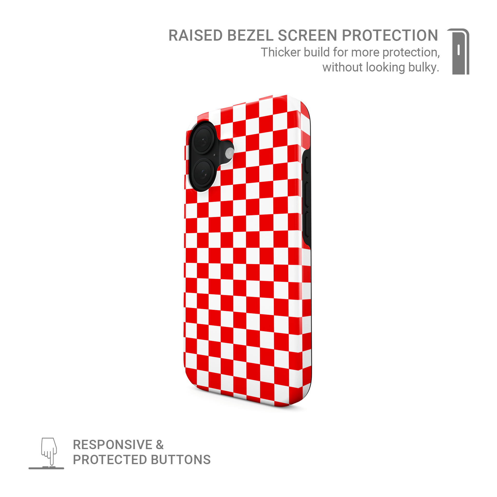 Red checkered MagSafe tough phone case – Fire Grid design from the Checkmate Collection, dual-layer magnetic protective case for iPhone