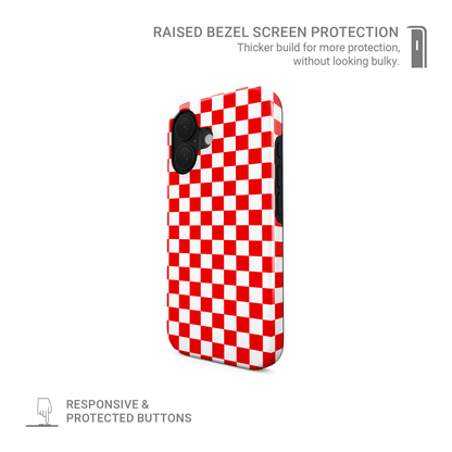Red checkered MagSafe tough phone case – Fire Grid design from the Checkmate Collection, dual-layer magnetic protective case for iPhone