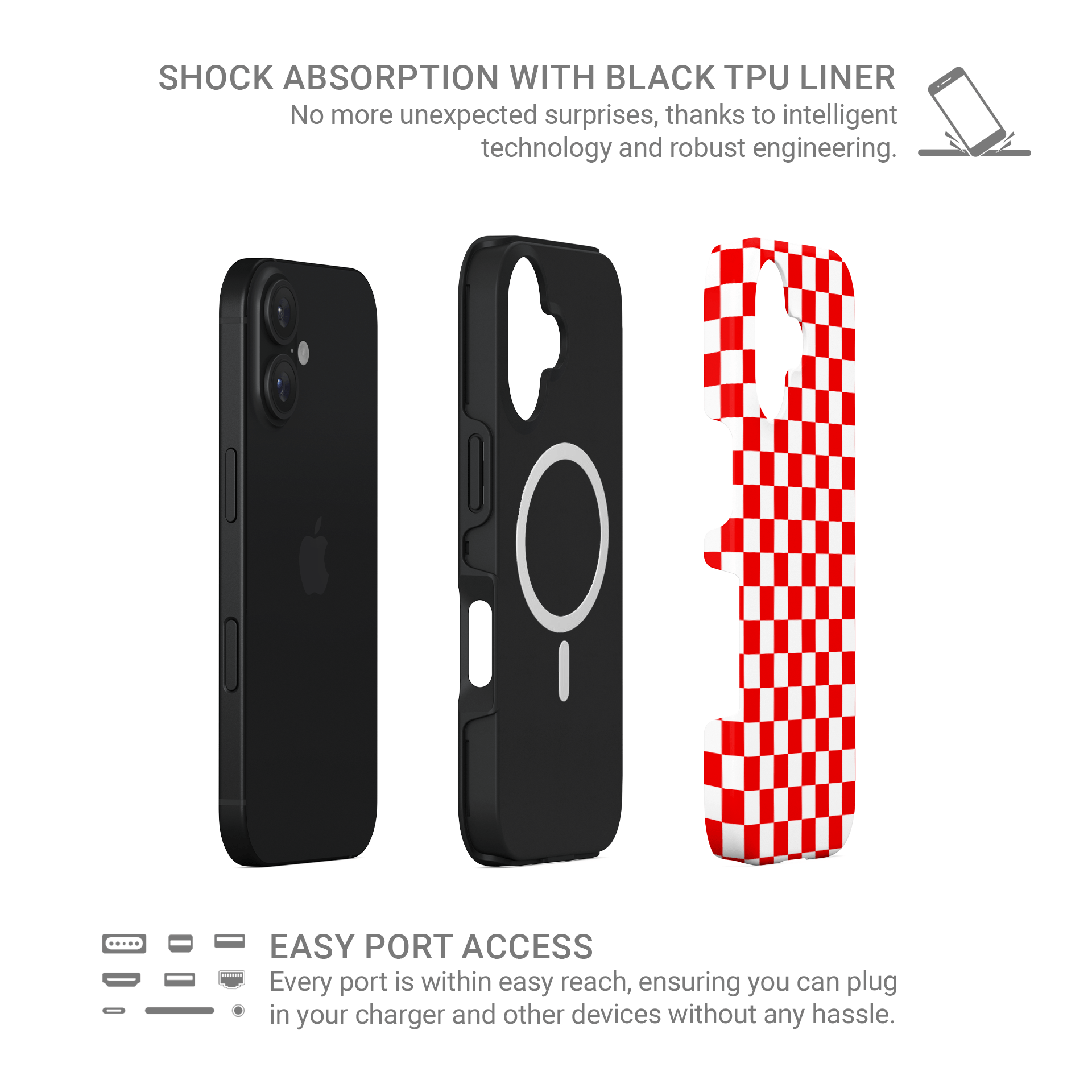 Red checkered MagSafe tough phone case – Fire Grid design from the Checkmate Collection, dual-layer magnetic protective case for iPhone