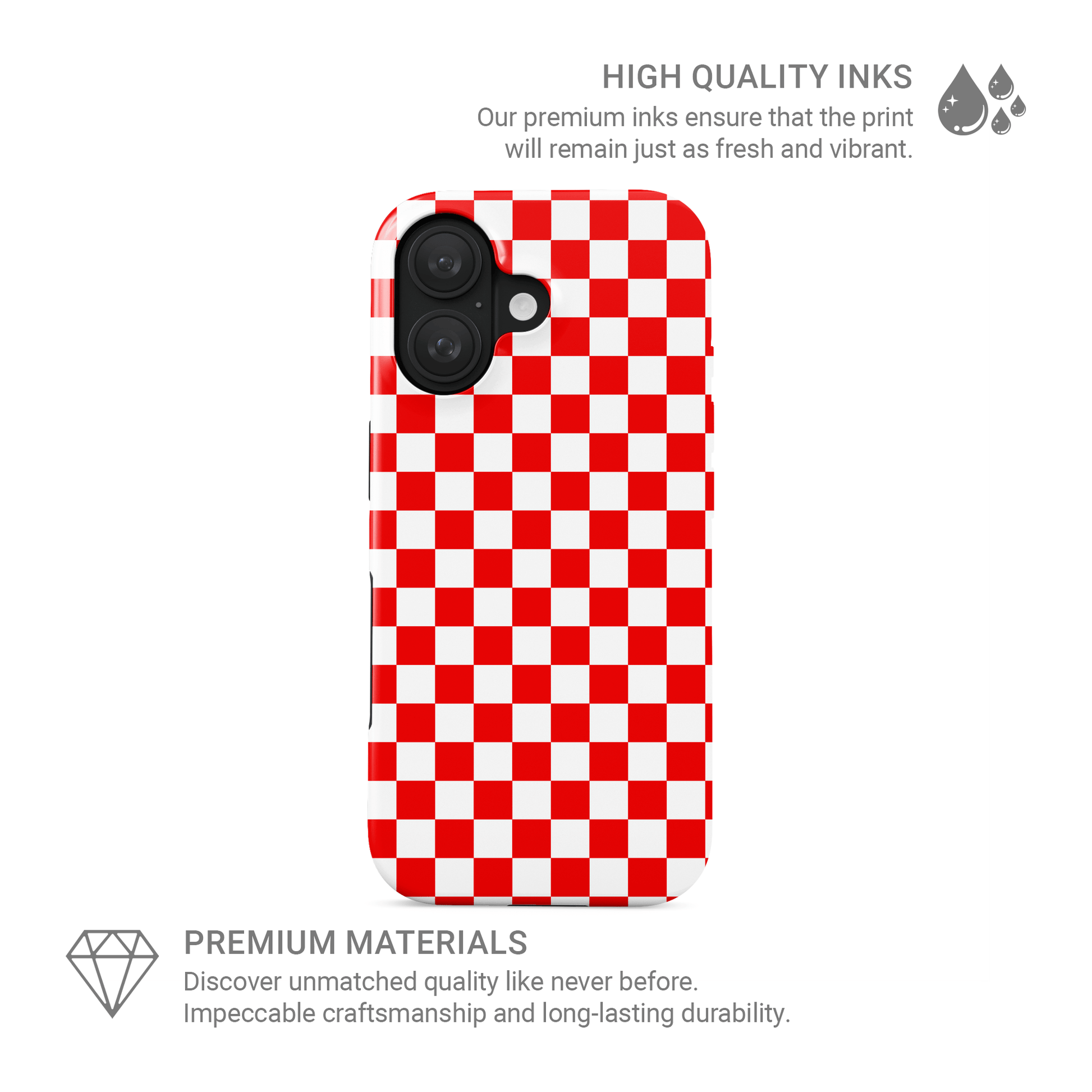 Red checkered MagSafe tough phone case – Fire Grid design from the Checkmate Collection, dual-layer magnetic protective case for iPhone