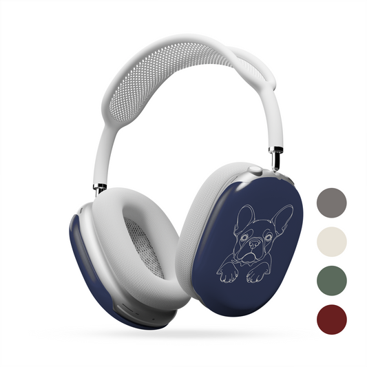 Cream AirPods Max ear-cup cover with black french bulldog line art, long ears and paws.