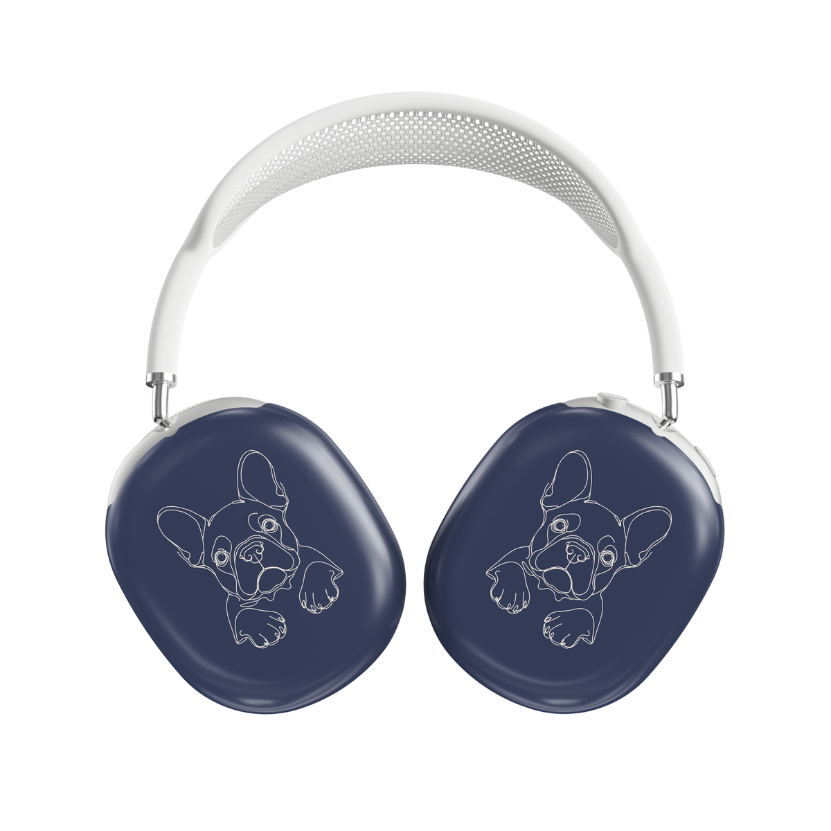 Cream AirPods Max ear-cup cover with black french bulldog line art, long ears and paws.