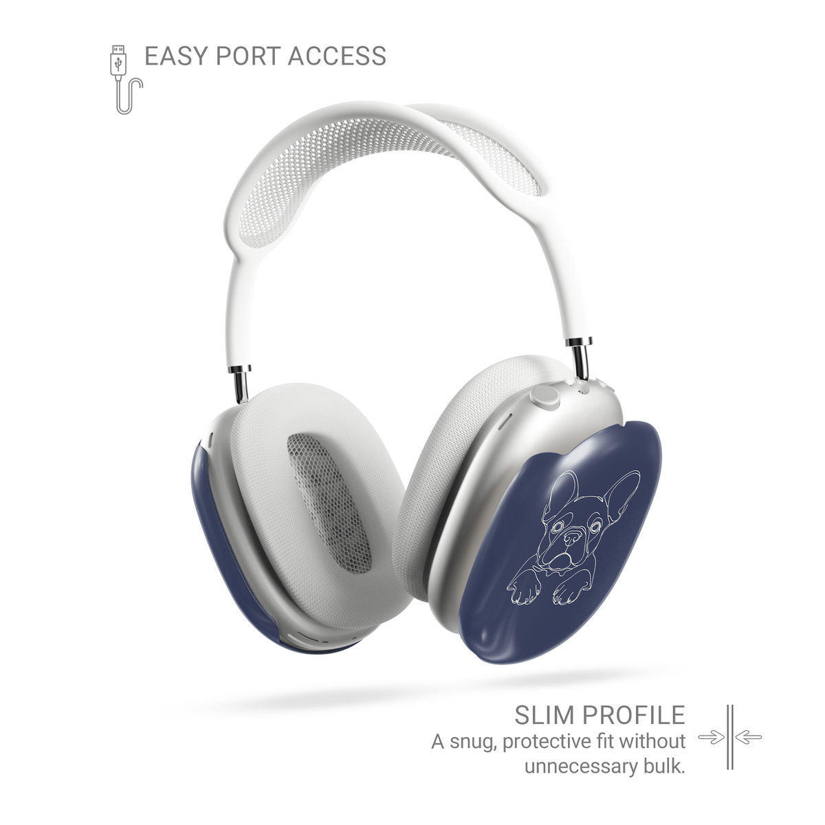 Cream AirPods Max ear-cup cover with black french bulldog line art, long ears and paws.