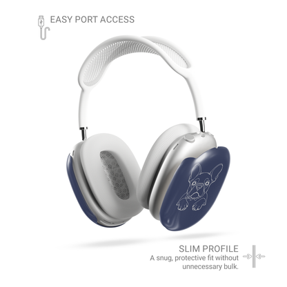 Cream AirPods Max ear-cup cover with black french bulldog line art, long ears and paws.