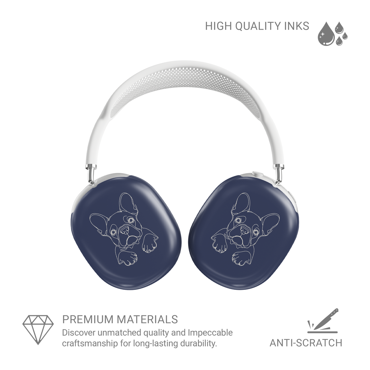 Cream AirPods Max ear-cup cover with black french bulldog line art, long ears and paws.