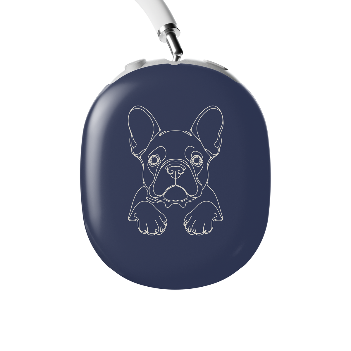 Cream AirPods Max ear-cup cover with black french bulldog line art, long ears and paws.