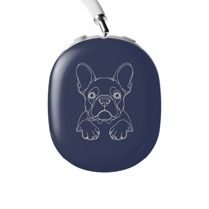 Cream AirPods Max ear-cup cover with black french bulldog line art, long ears and paws.