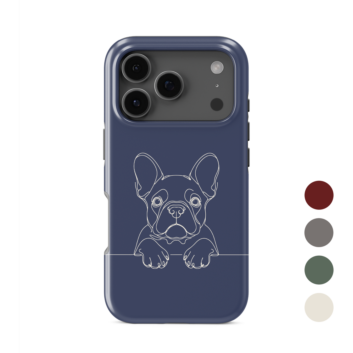 Cream MagSafe Tough phone case with black French Bulldog line art, upright ears and paws resting on a fine horizontal line.