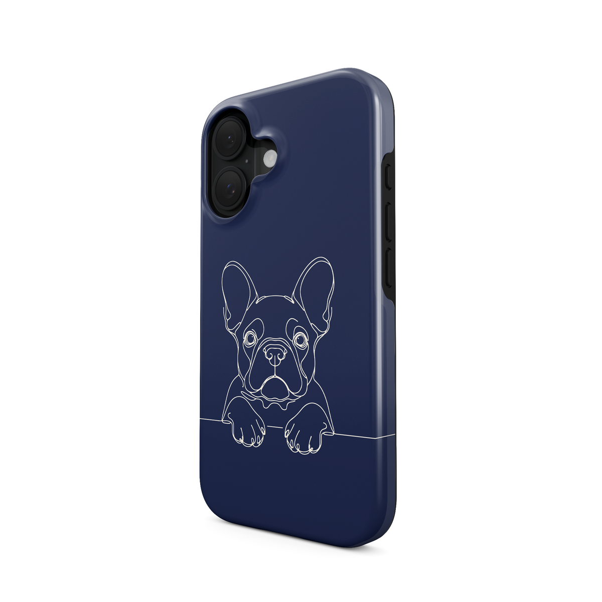 Sage Green MagSafe Tough phone case with pale French Bulldog line art, upright ears and paws resting on a fine horizontal line.