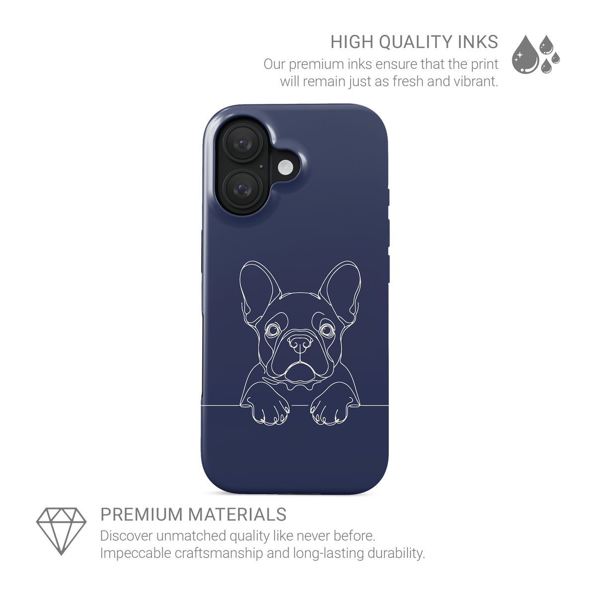 Taupe MagSafe Tough phone case with pale French Bulldog line art, upright ears and paws resting on a fine horizontal line.