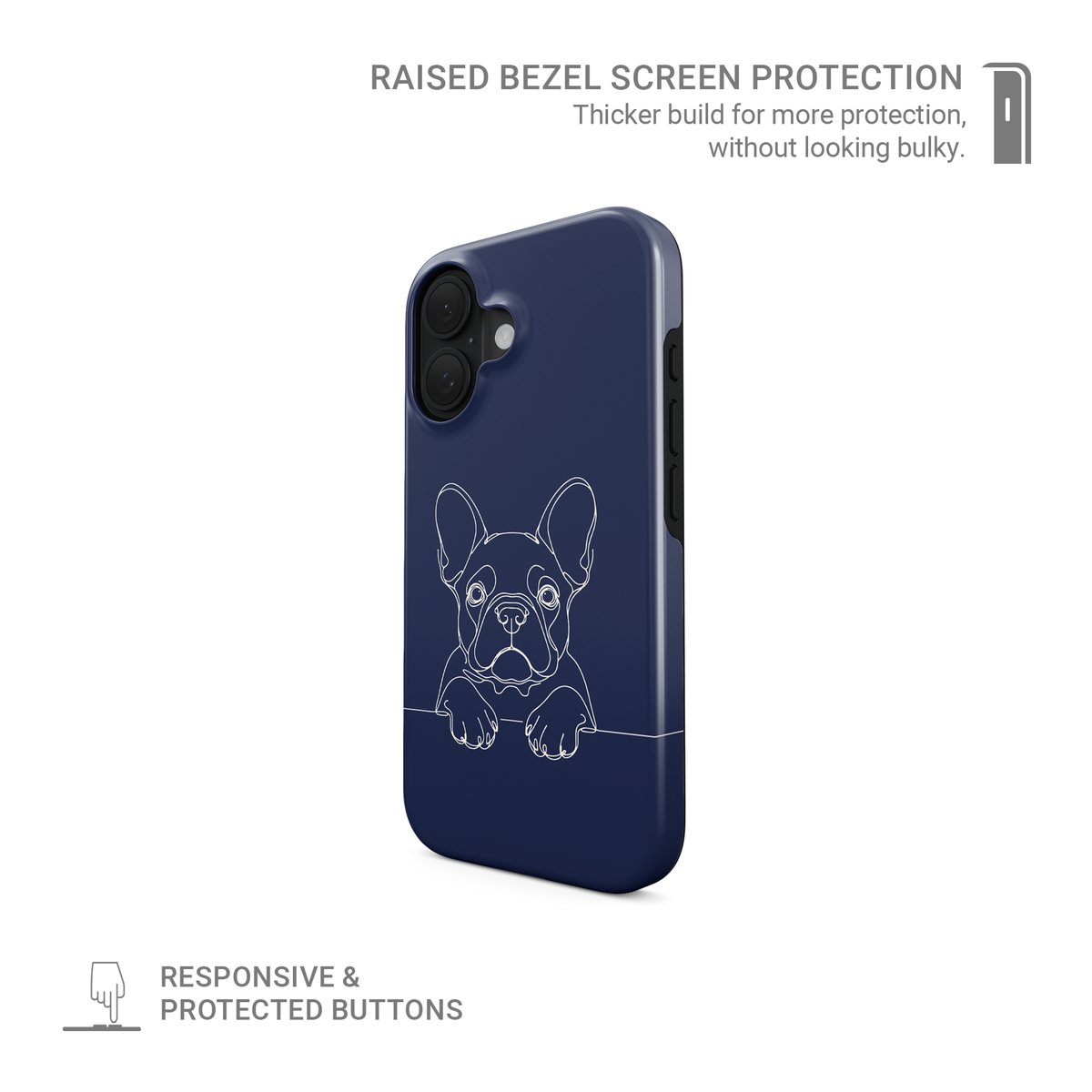 Midnight Blue MagSafe Tough phone case with pale French Bulldog line art, upright ears and paws resting on a fine horizontal line.