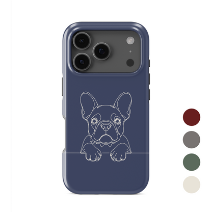 Cream Tough phone case with black French Bulldog line art, upright ears and paws resting on a fine horizontal line.
