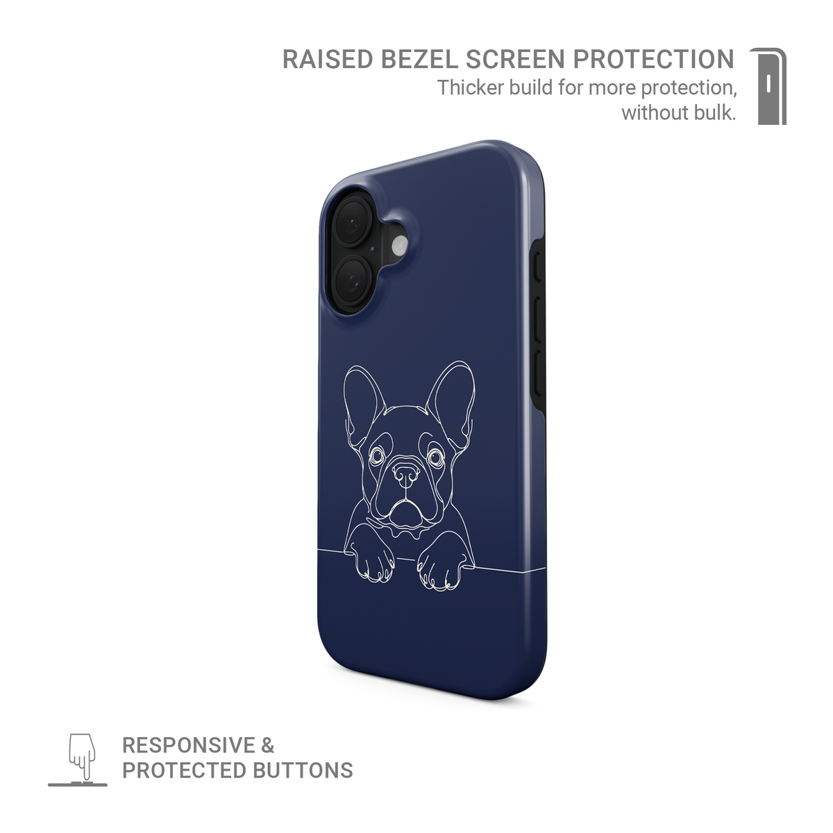 Midnight Blue Tough phone case with pale French Bulldog line art, upright ears and paws resting on a fine horizontal line.
