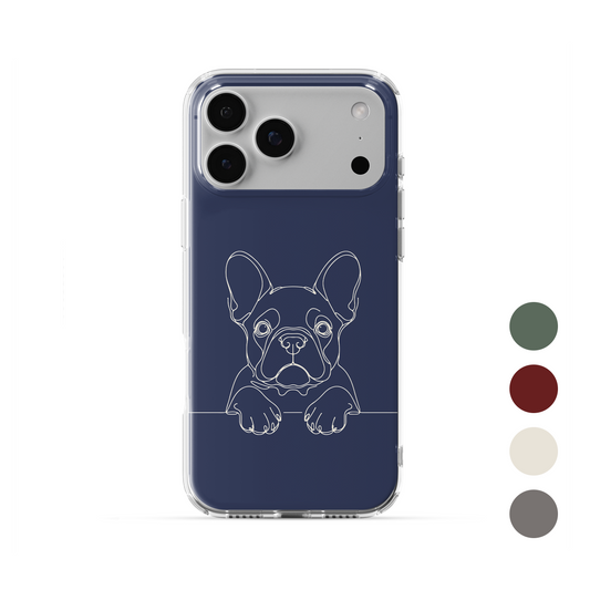 Clear phone case with French Bulldog line art, upright ears and paws peeking over a fine horizontal line.