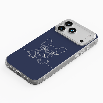 Clear phone case featuring a minimalist French Bulldog line art portrait with upright ears and paws.
