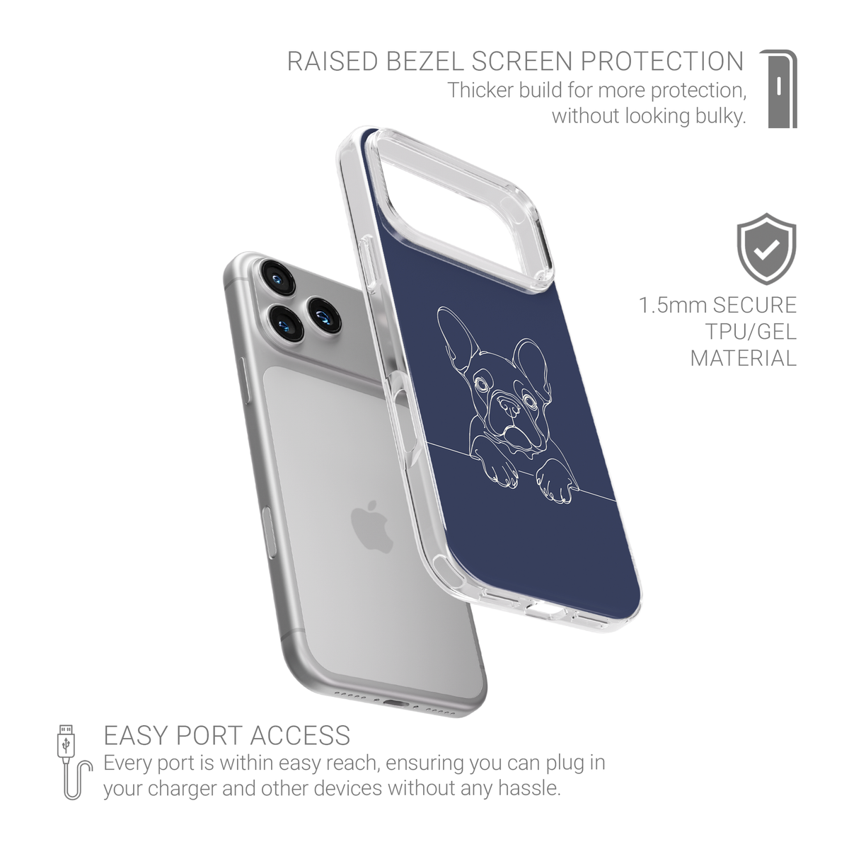 French Bulldog line art Clear phone case with a familiar Frenchie portrait and upright ears.