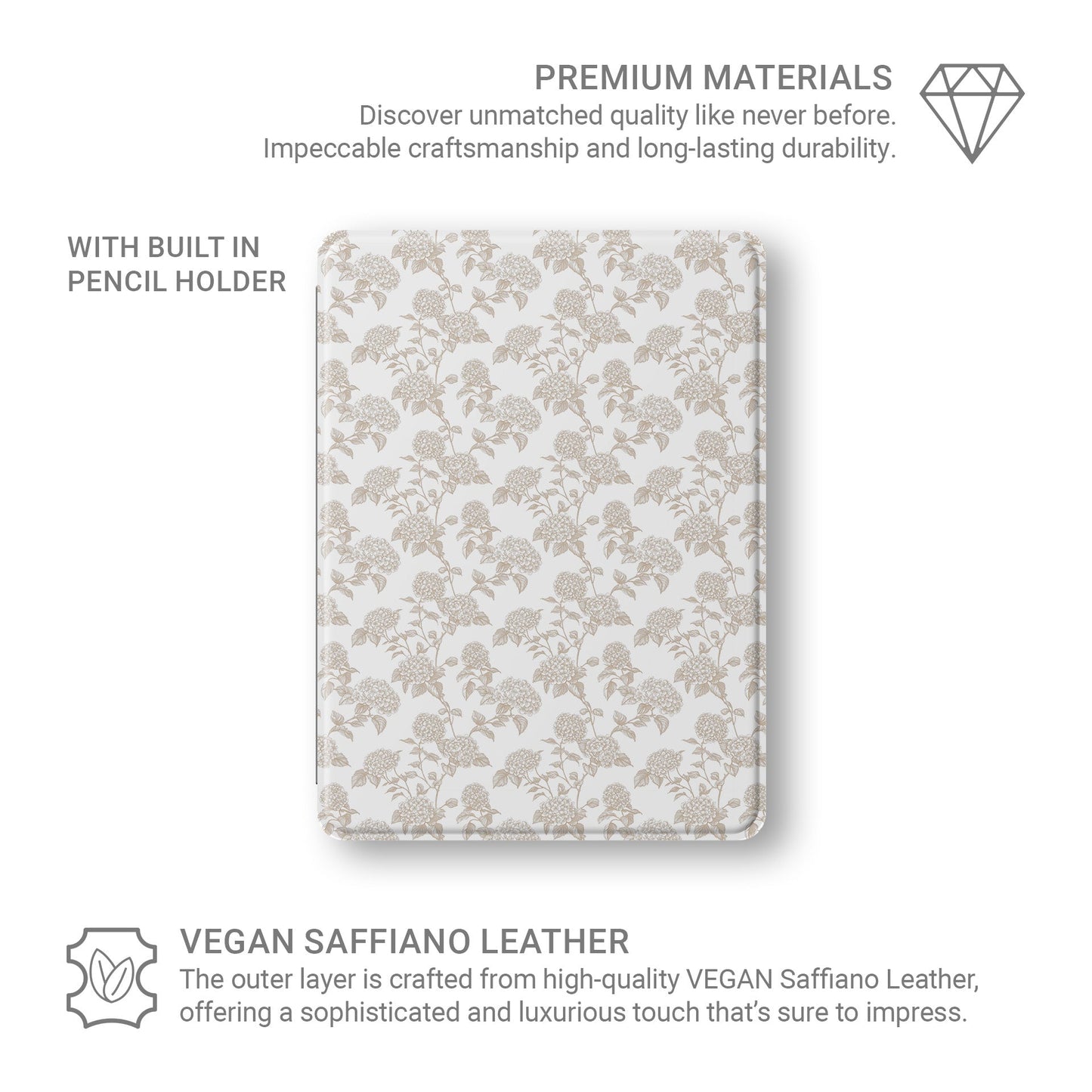 Slim iPad Pro case with Apple Pencil slot and sepia botanical design