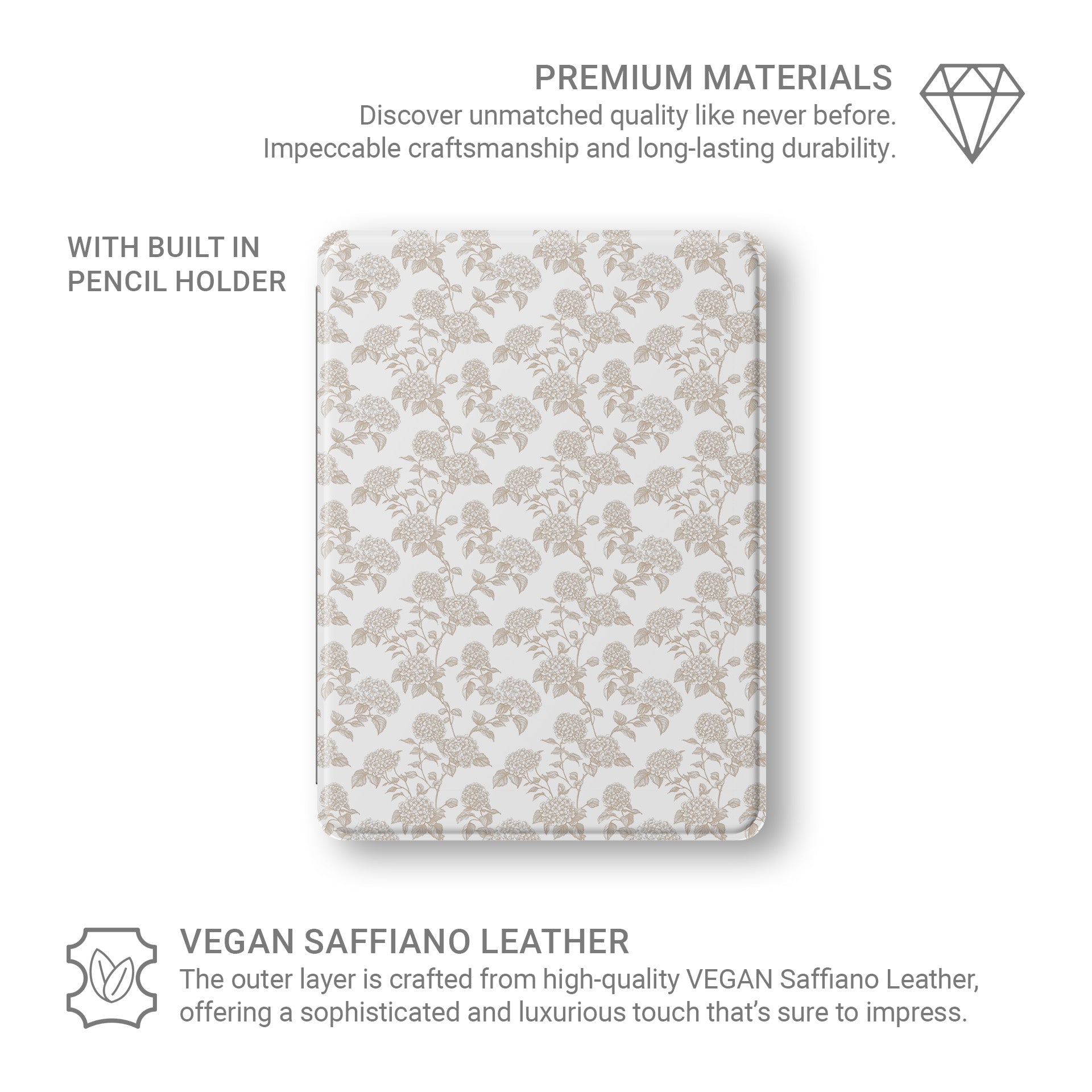 Slim iPad Pro case with Apple Pencil slot and sepia botanical design