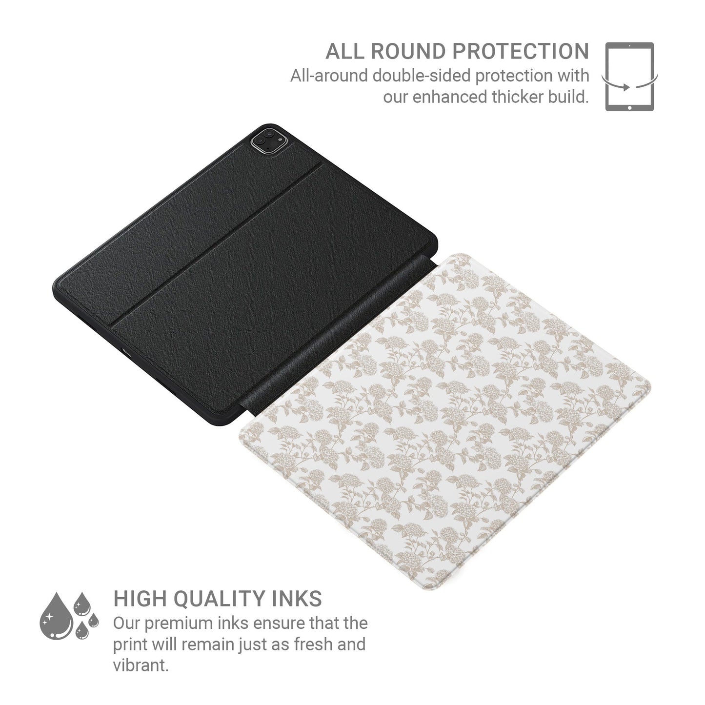 Slim iPad Pro case with Apple Pencil slot and sepia botanical design