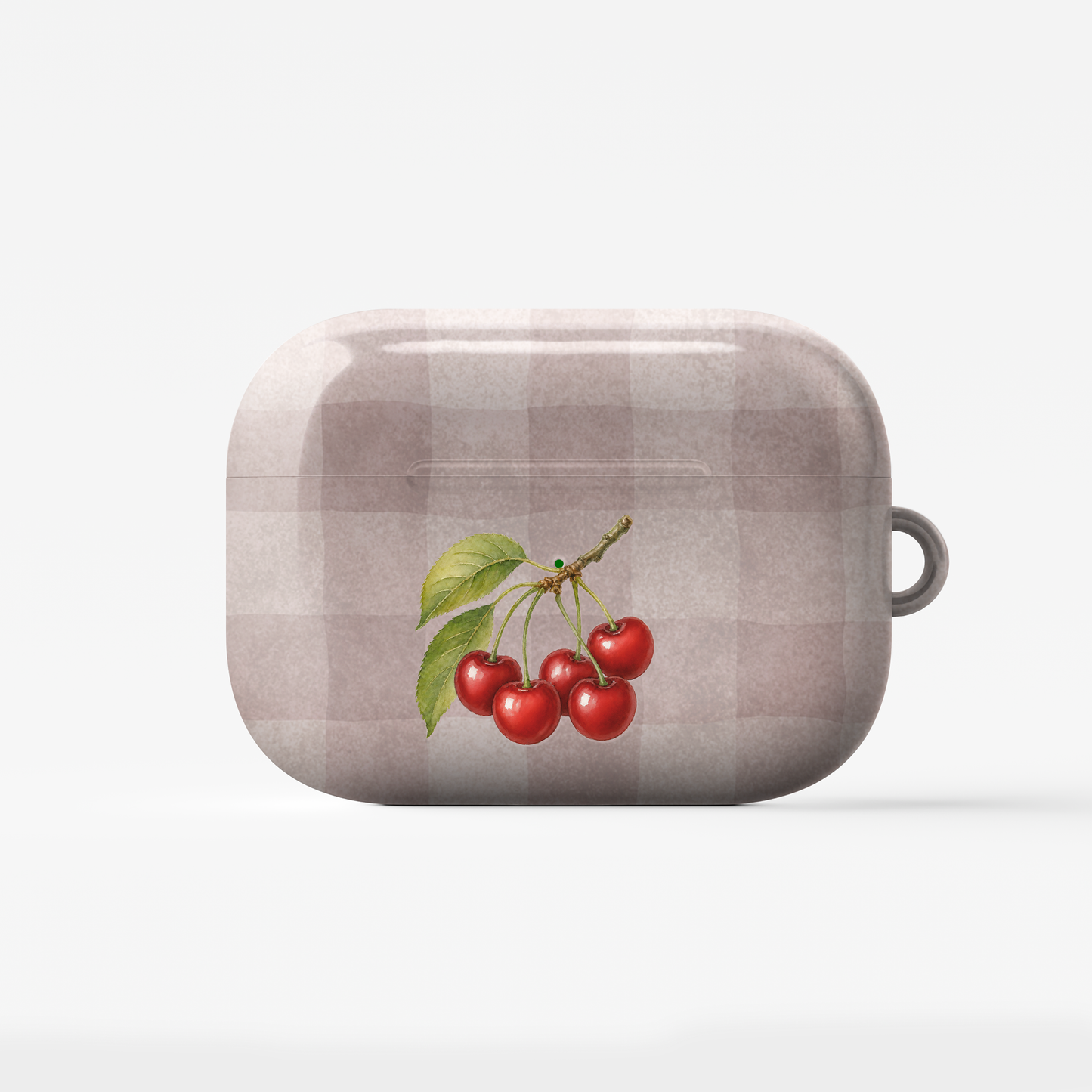 Ruby Bough AirPods Case with watercolour fruiting cherry branch on dusty pink gingham
