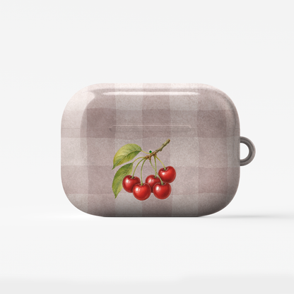 Ruby Bough AirPods Case with watercolour fruiting cherry branch on dusty pink gingham
