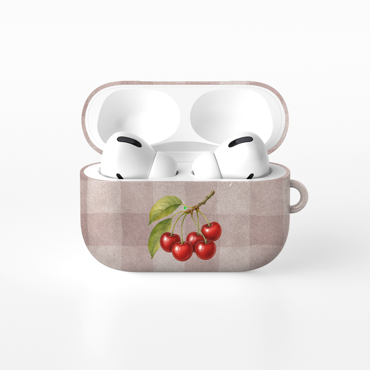 Ruby Bough AirPods Case with watercolour fruiting cherry branch on dusty pink gingham
