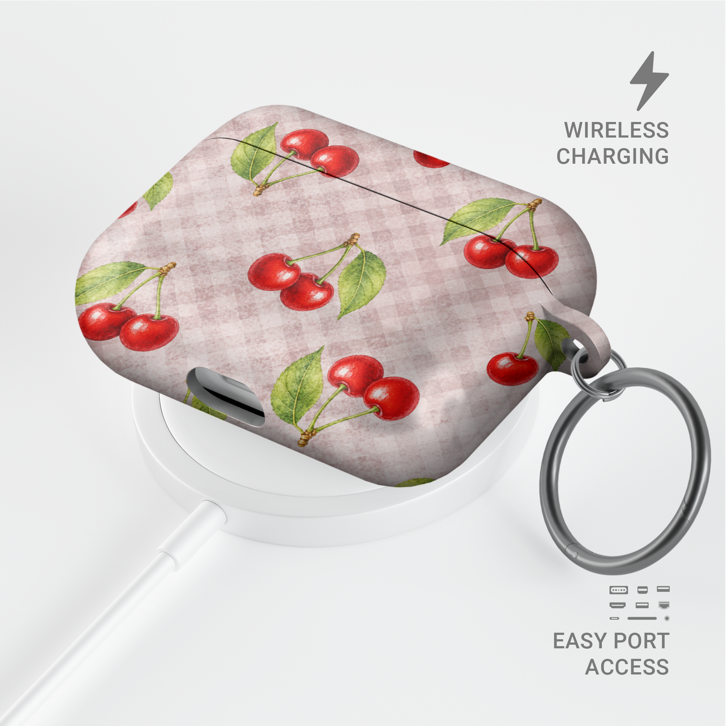 Cherry Jubilee AirPods Case with scattered watercolour red cherries on soft pink gingham
