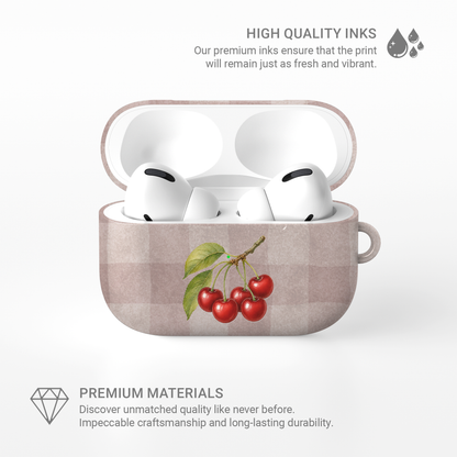 Ruby Bough AirPods Case with watercolour fruiting cherry branch on dusty pink gingham
