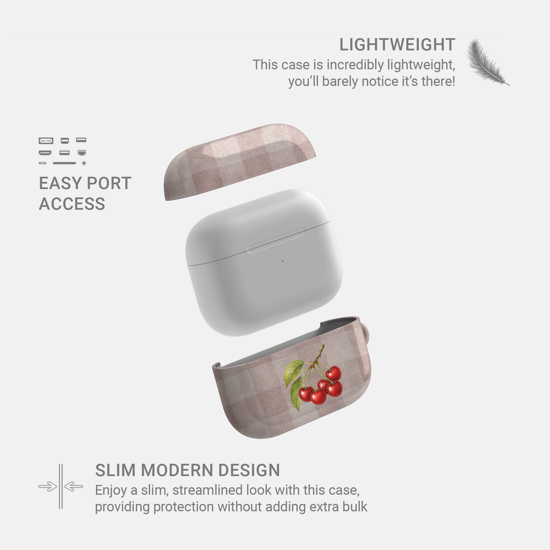 Ruby Bough AirPods Case with watercolour fruiting cherry branch on dusty pink gingham
