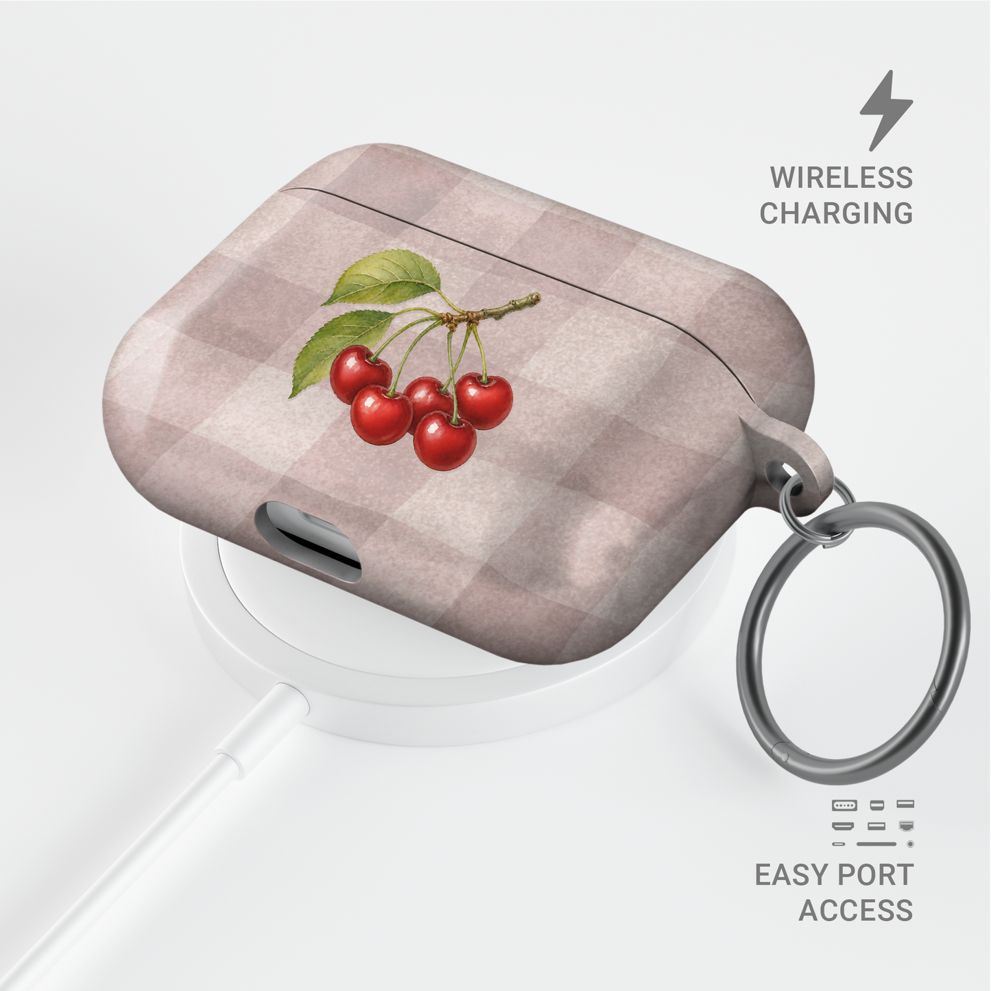 Ruby Bough AirPods Case with watercolour fruiting cherry branch on dusty pink gingham
