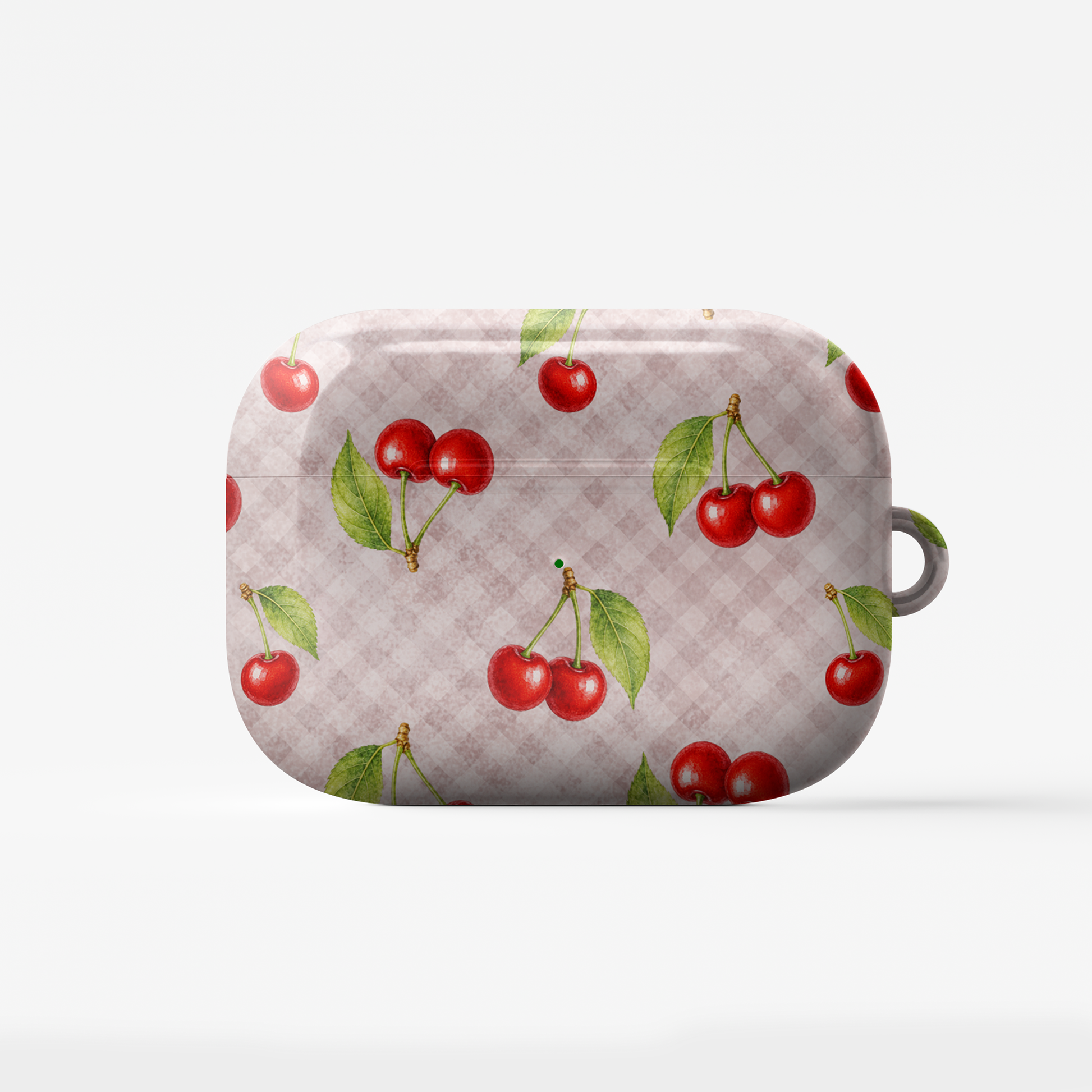 Cherry Jubilee AirPods Case with scattered watercolour red cherries on soft pink gingham

