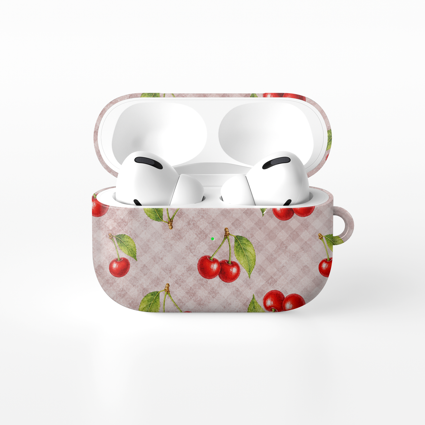 Cherry Jubilee AirPods Case with scattered watercolour red cherries on soft pink gingham
