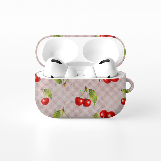 Cherry Jubilee AirPods Case with scattered watercolour red cherries on soft pink gingham
