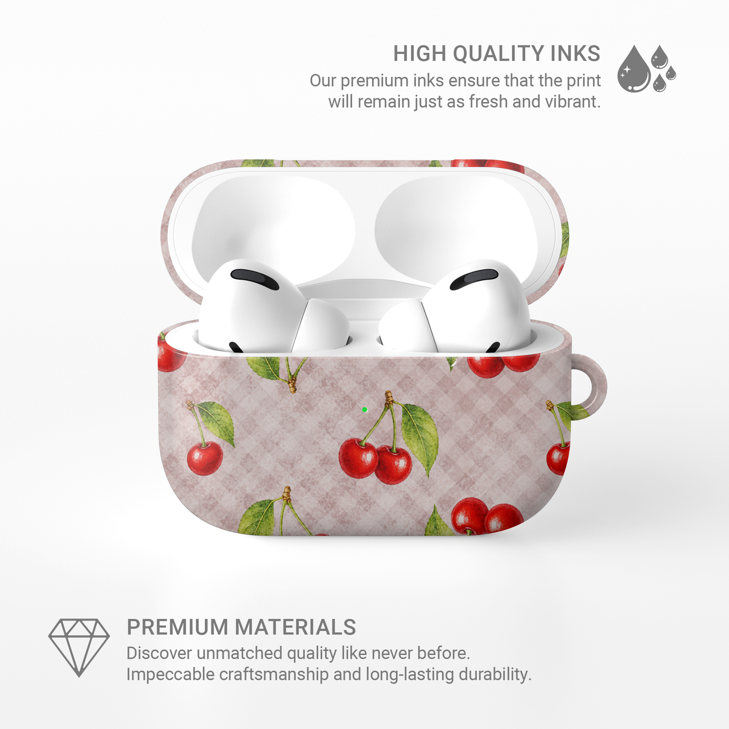 Cherry Jubilee AirPods Case with scattered watercolour red cherries on soft pink gingham
