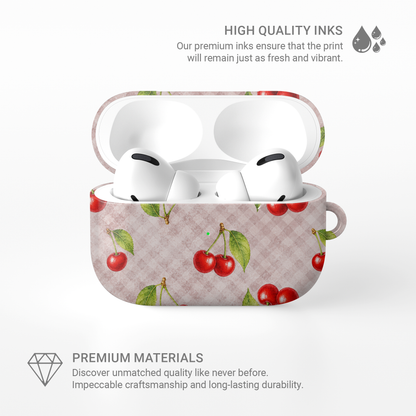 Cherry Jubilee AirPods Case with scattered watercolour red cherries on soft pink gingham
