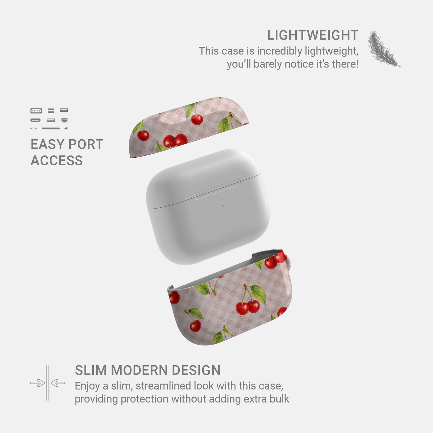 Cherry Jubilee AirPods Case with scattered watercolour red cherries on soft pink gingham
