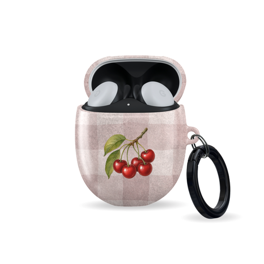 Ruby Bough Google Pixel Buds Case with watercolour fruiting cherry branch on dusty pink gingham
